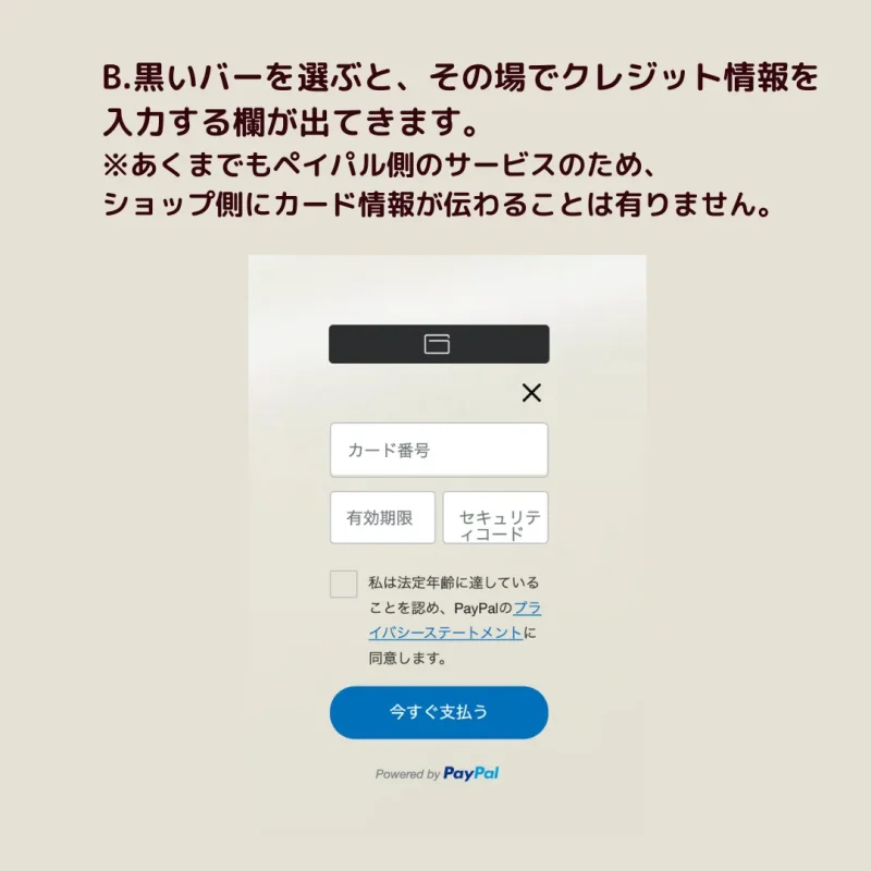 画像：ペイパルの黒を選ぶとクレジット情報を入力出来ます